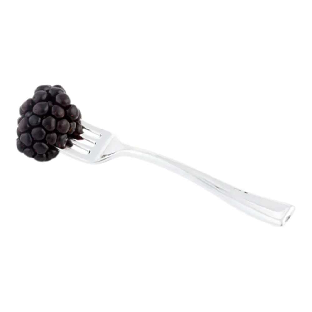 100 3 oz Black Plastic Triangolo Shot Glass and 100 Silver Plastic 4" Mini Forks