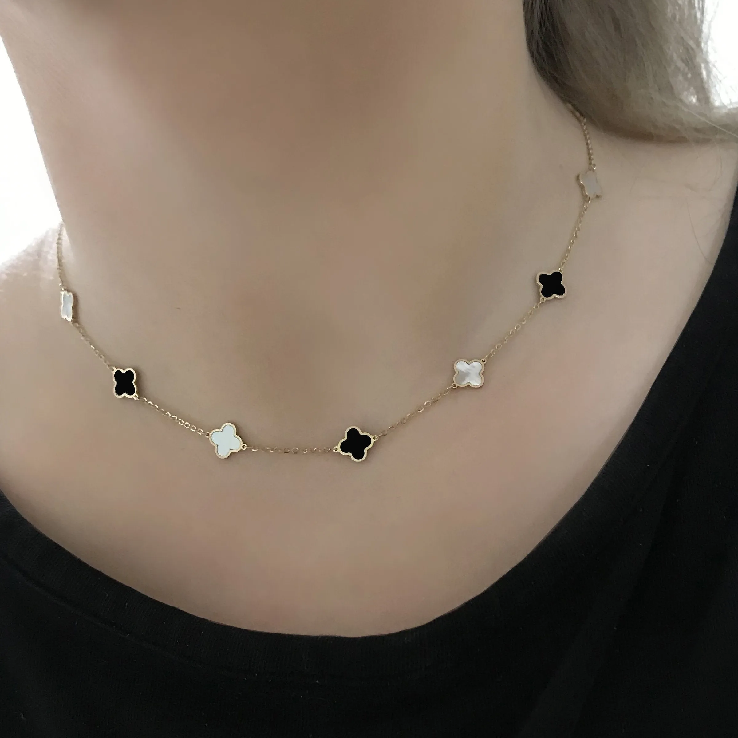 14K GOLD ONYX AND MOTHER OF PEARL MEGAN CLOVER NECKLACE