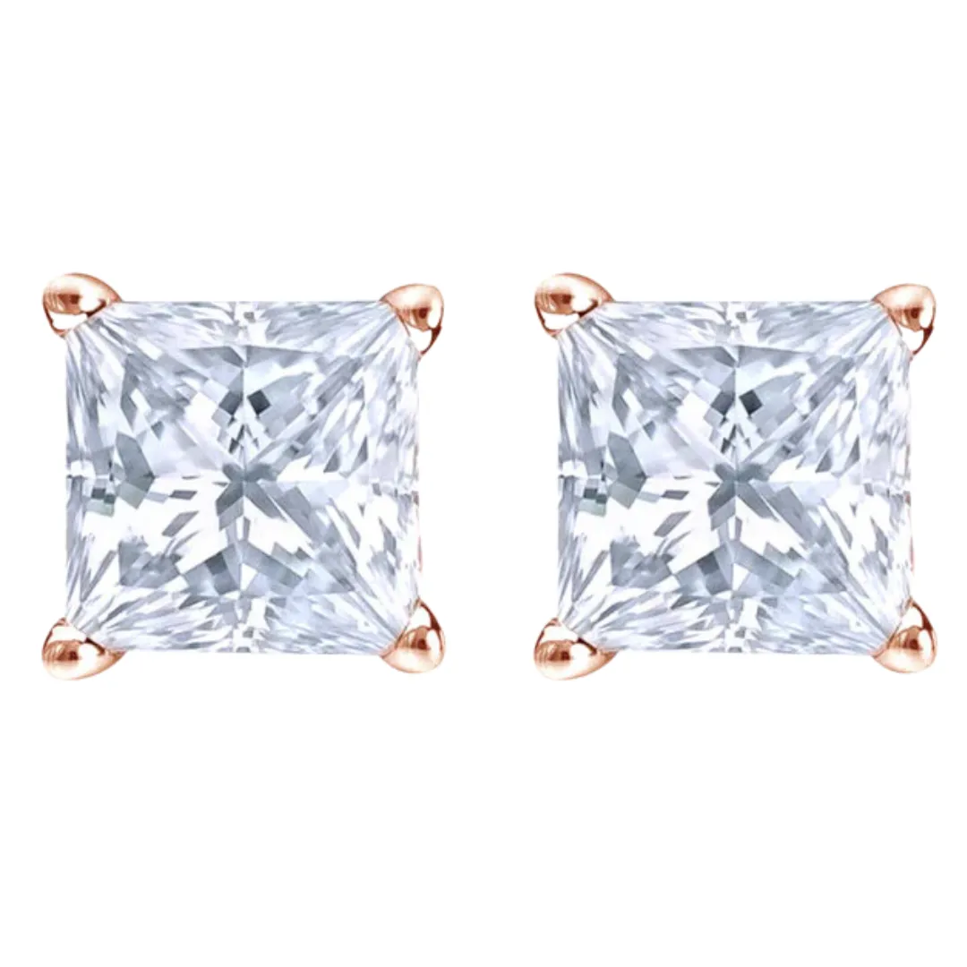 14k Rose Gold 1/2 Carat Solitaire Created Diamond 2 Pair Round and Princess Stud Earrings