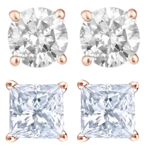 14k Rose Gold 1/2 Carat Solitaire Created Diamond 2 Pair Round and Princess Stud Earrings