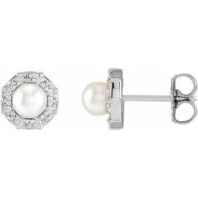 14K White Gold Cultured White Akoya Pearl & .07 CTW Natural Diamond Halo-Style Earrings