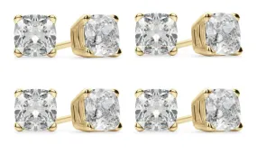14k Yellow Gold 6mm 1/2Ct Cushion Cut White Sapphire Set Of Four Stud Earrings Plated