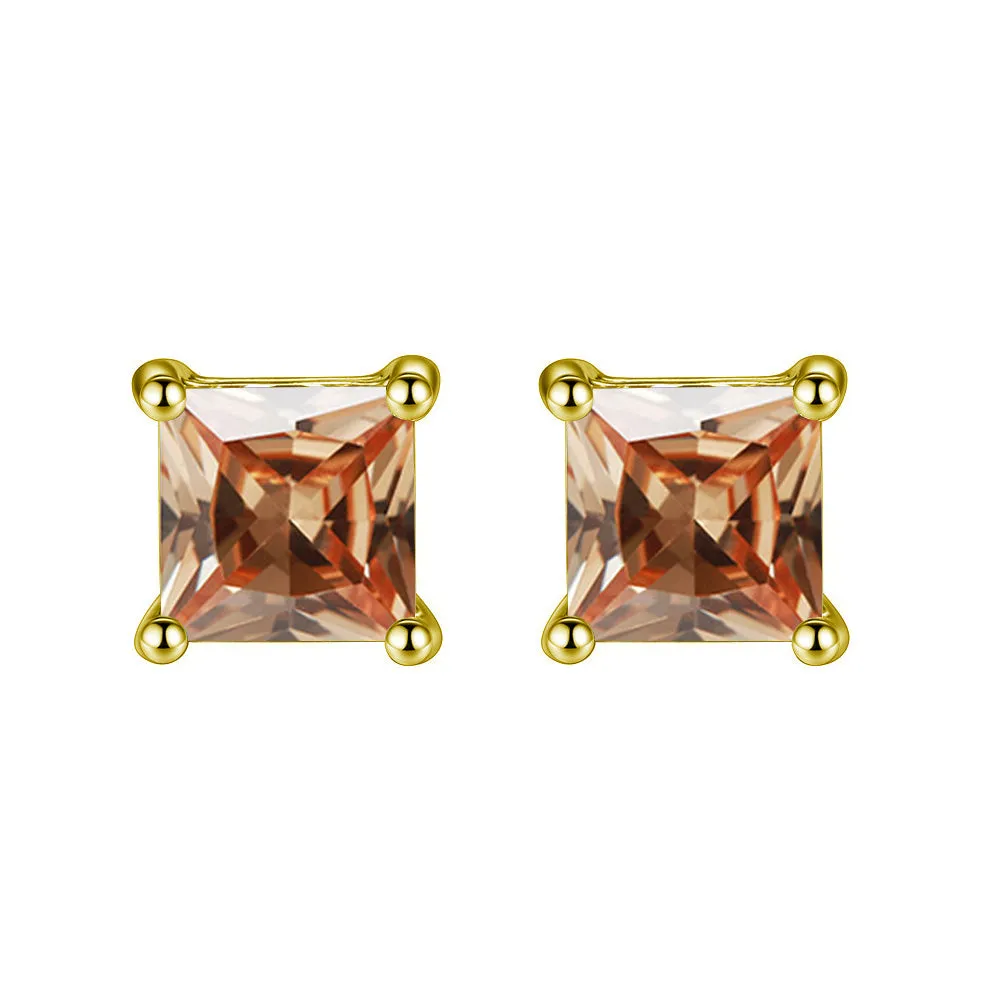 14k Yellow Gold Plated 4 Carat Princess Cut Created Champagne Sapphire Stud Earrings
