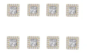 14k Yellow Gold Plated 4Ct Square Cut White Sapphire Set of Four Halo Stud Earrings