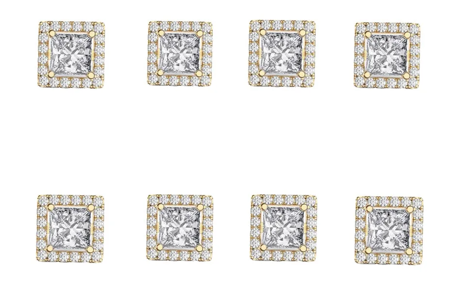 14k Yellow Gold Plated 4Ct Square Cut White Sapphire Set of Four Halo Stud Earrings