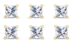 14k Yellow Gold Plated 4mm 1Ct Princess Cut White Sapphire Set Of Three Stud Earrings