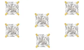 14k Yellow Gold Plated 4mm 4Ct Square Cut White Sapphire Set Of Three Stud Earrings