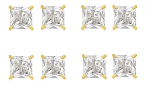 14k Yellow Gold Plated 6mm 1/2Ct Square Cut White Sapphire Set Of Four Stud Earrings