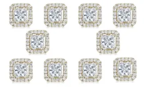 14k Yellow Gold Plated 6mm 1Ct Princess Cut White Sapphire Set of Five Halo Stud Earrings