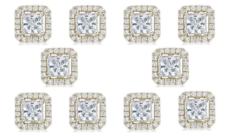 14k Yellow Gold Plated 6mm 1Ct Princess Cut White Sapphire Set of Five Halo Stud Earrings
