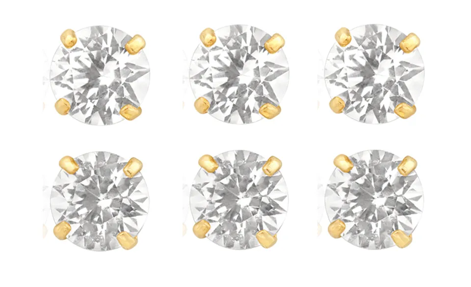 14k Yellow Gold Plated 6mm 4Ct Round White Sapphire Set Of Three Stud Earrings