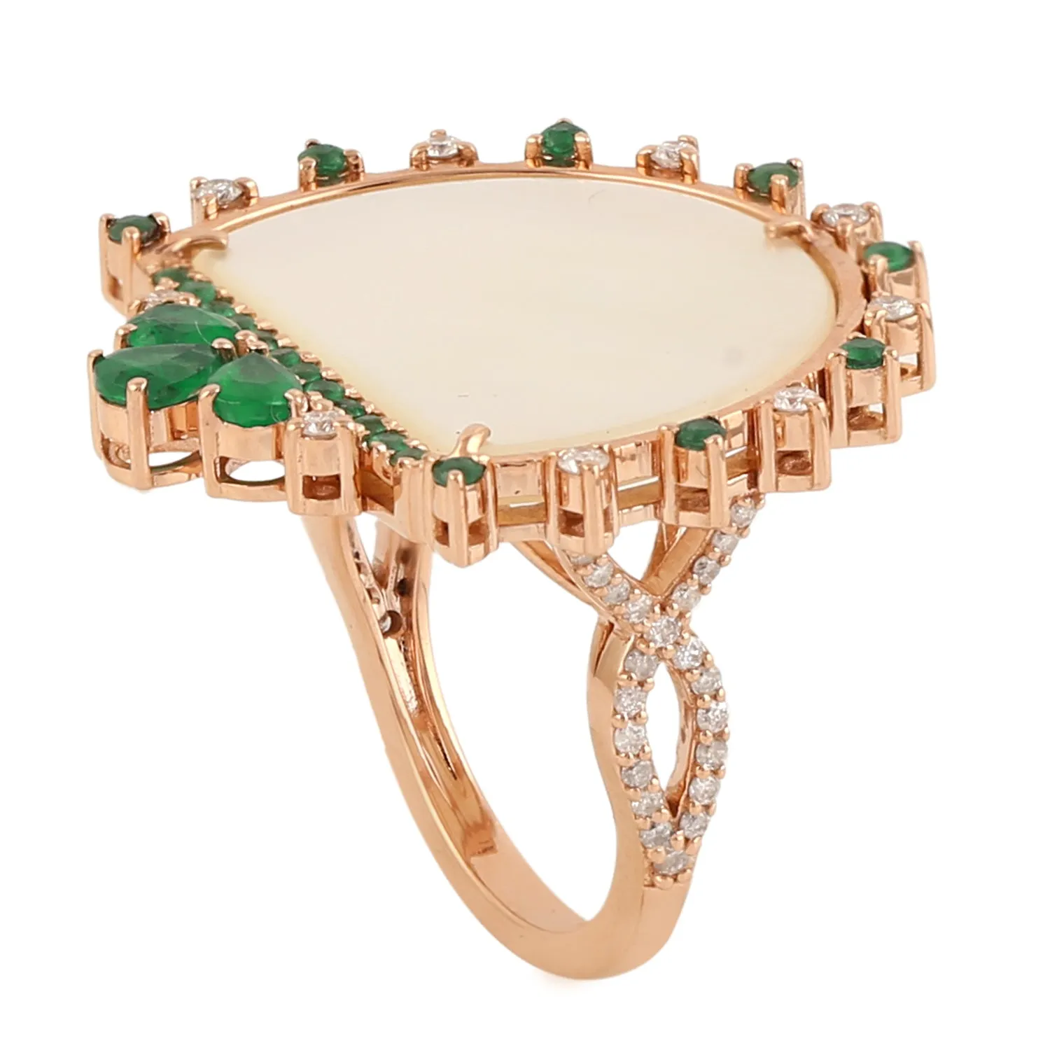 18k Rose Gold Natural Pearl Pave Emerald & Diamond Cocktail Ring Fine Jewelry