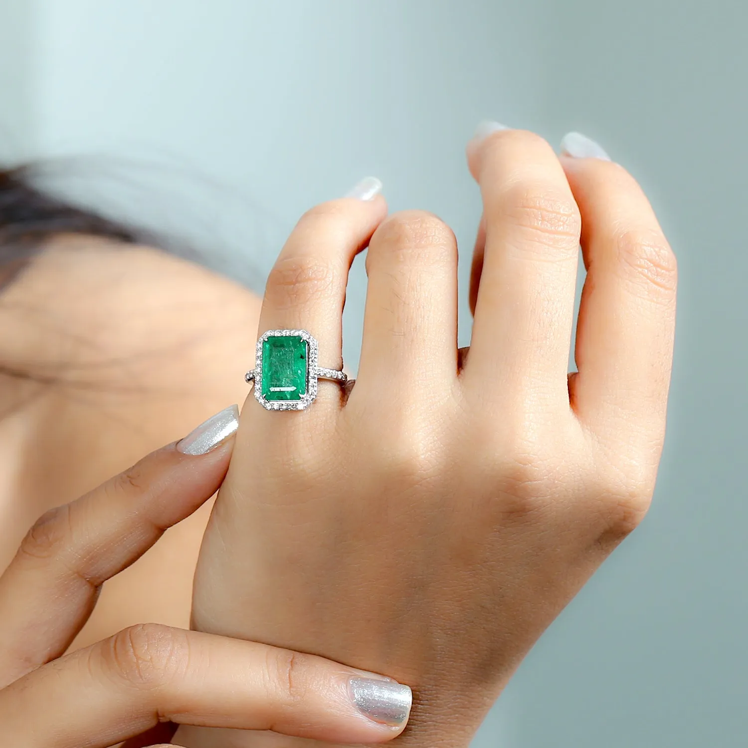 18K White Gold Solitaire Ring Emerald Cut Emerald May Birthstone Pave Diamond Jewelry