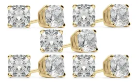 18k Yellow Gold 4mm 1Ct Cushion Cut White Sapphire Set Of Five Stud Earrings Plated
