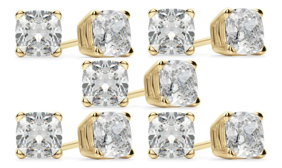 18k Yellow Gold 4mm 1Ct Cushion Cut White Sapphire Set Of Five Stud Earrings Plated