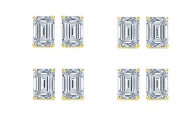 18k Yellow Gold 4mm 3Ct Emerald Cut White Sapphire Set Of Four Stud Earrings Plated