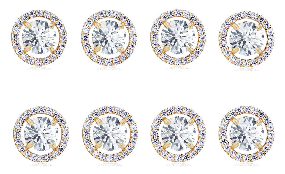 18k Yellow Gold Plated 6mm 4Ct Round White Sapphire Set Of Four Halo Stud Earrings