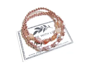 2 piece set - Natural Freshwater Pearl, Rose Gold Hematite, Carnelian Mala Bracelet