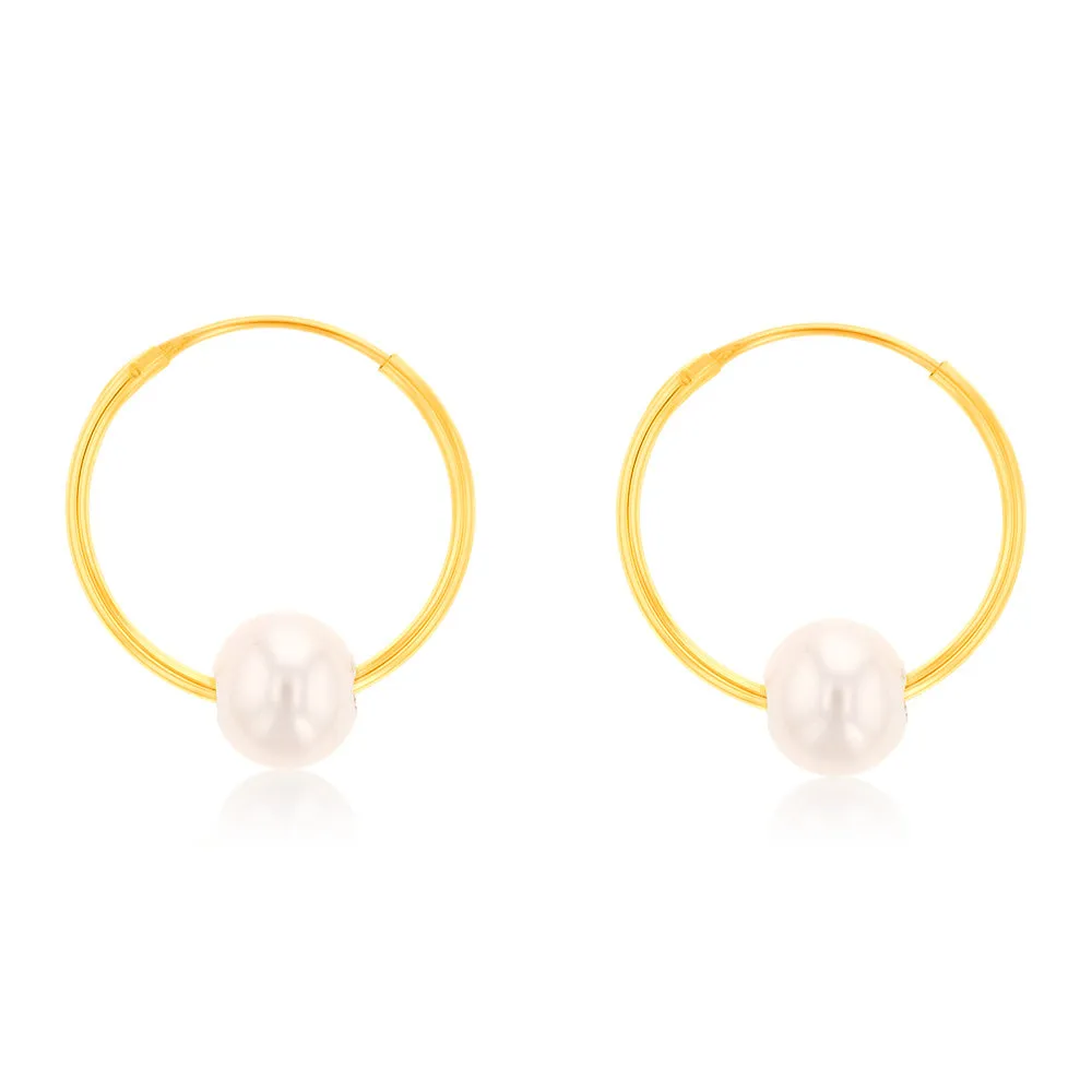 9ct Yellow Gold 5mm Fresh Water Pearl 13mm Sleeper Earrings