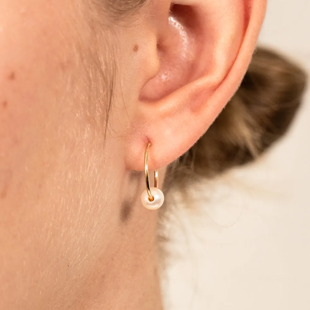 9ct Yellow Gold 5mm Fresh Water Pearl 13mm Sleeper Earrings
