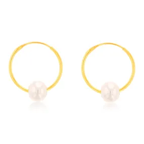 9ct Yellow Gold 5mm Fresh Water Pearl 13mm Sleeper Earrings
