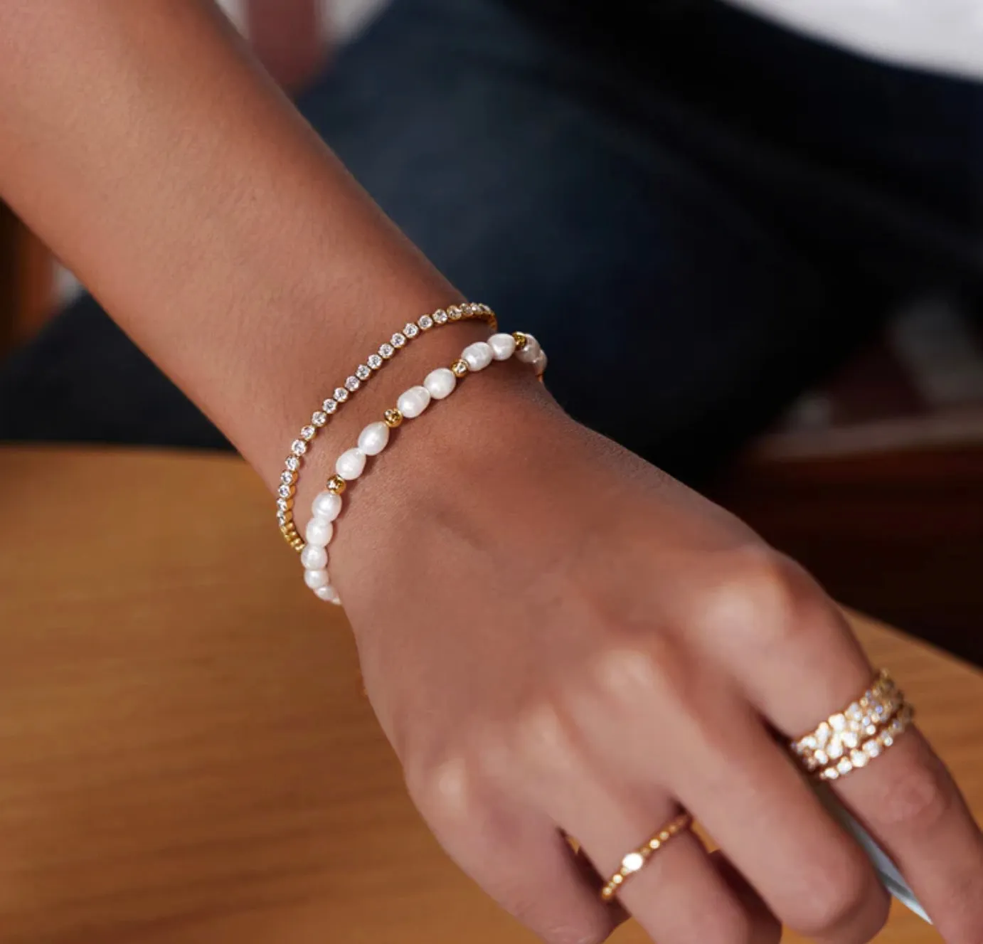 Ania Haie Gold Freshwater Pearl and White Cubic Zirconia Bezel Set Bracelet