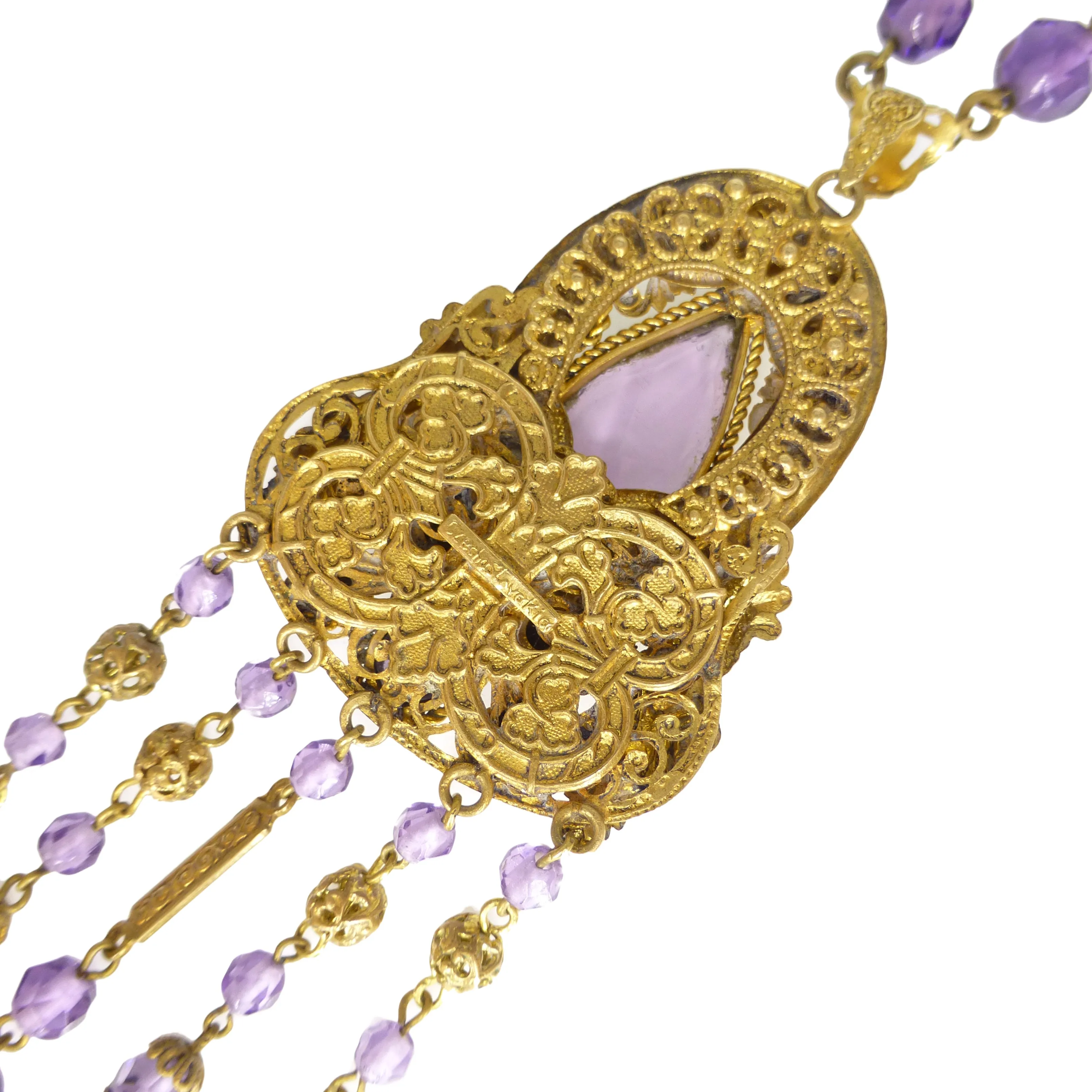 Antique Czechoslovakian Figural Lady Purple Glass Bead Necklace