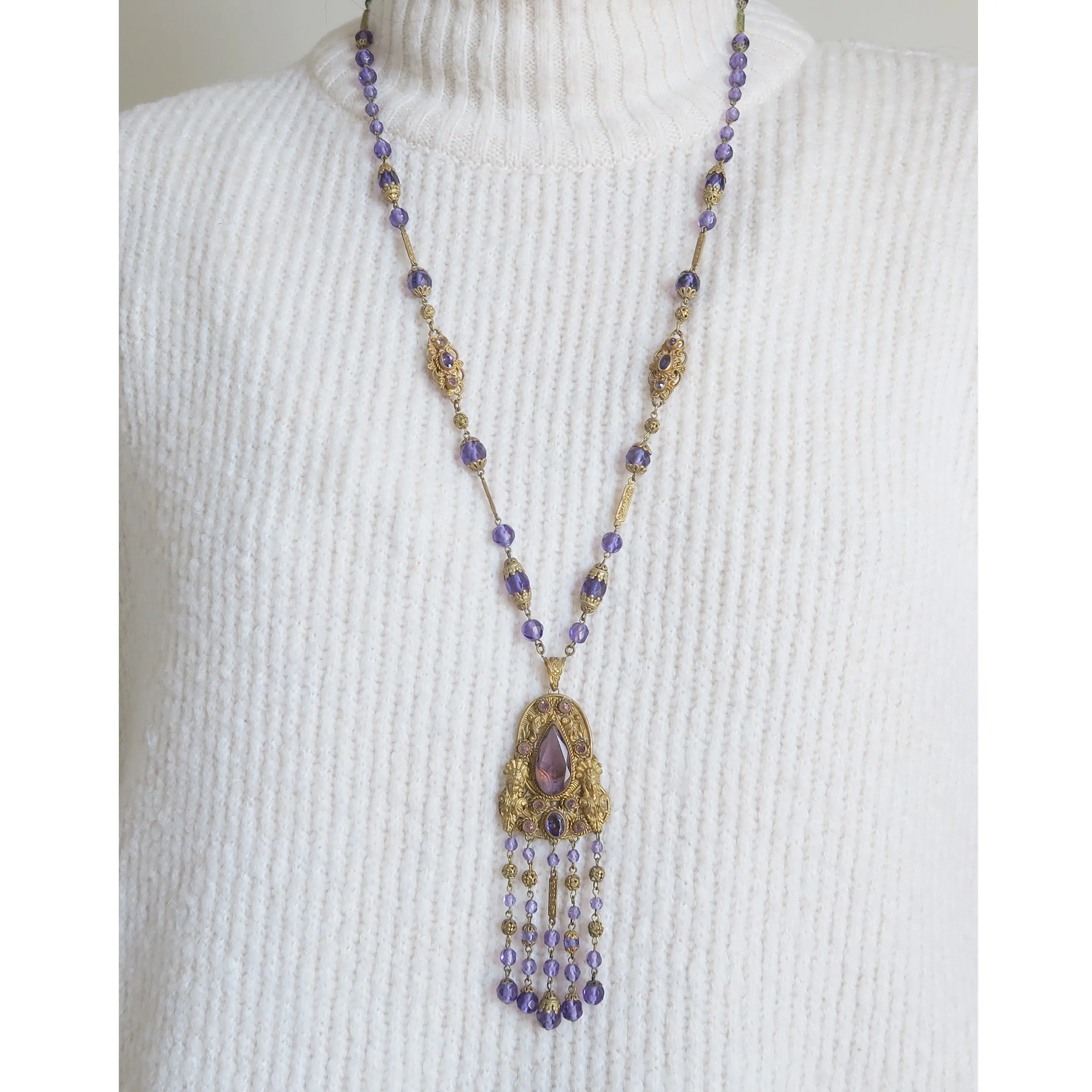 Antique Czechoslovakian Figural Lady Purple Glass Bead Necklace
