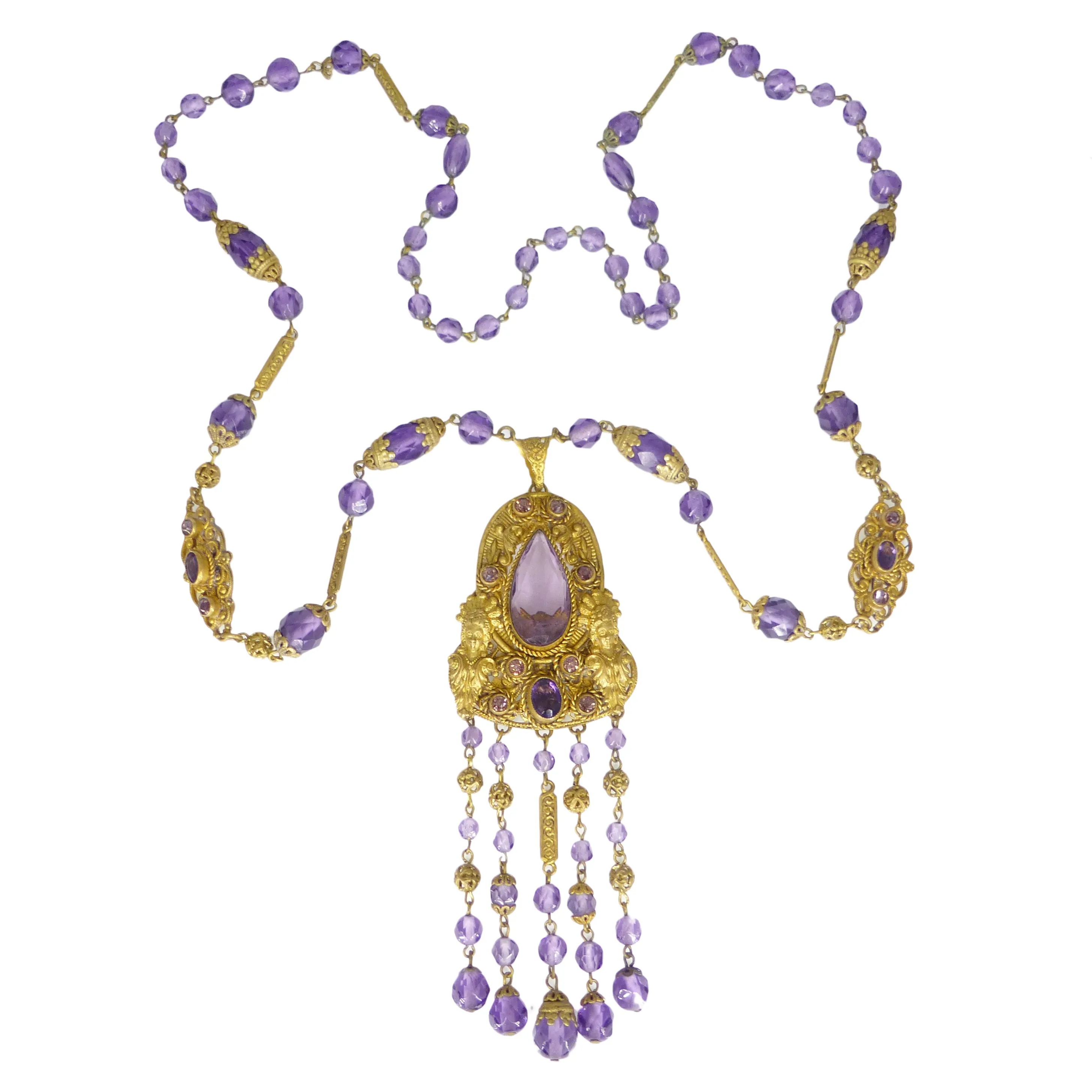 Antique Czechoslovakian Figural Lady Purple Glass Bead Necklace