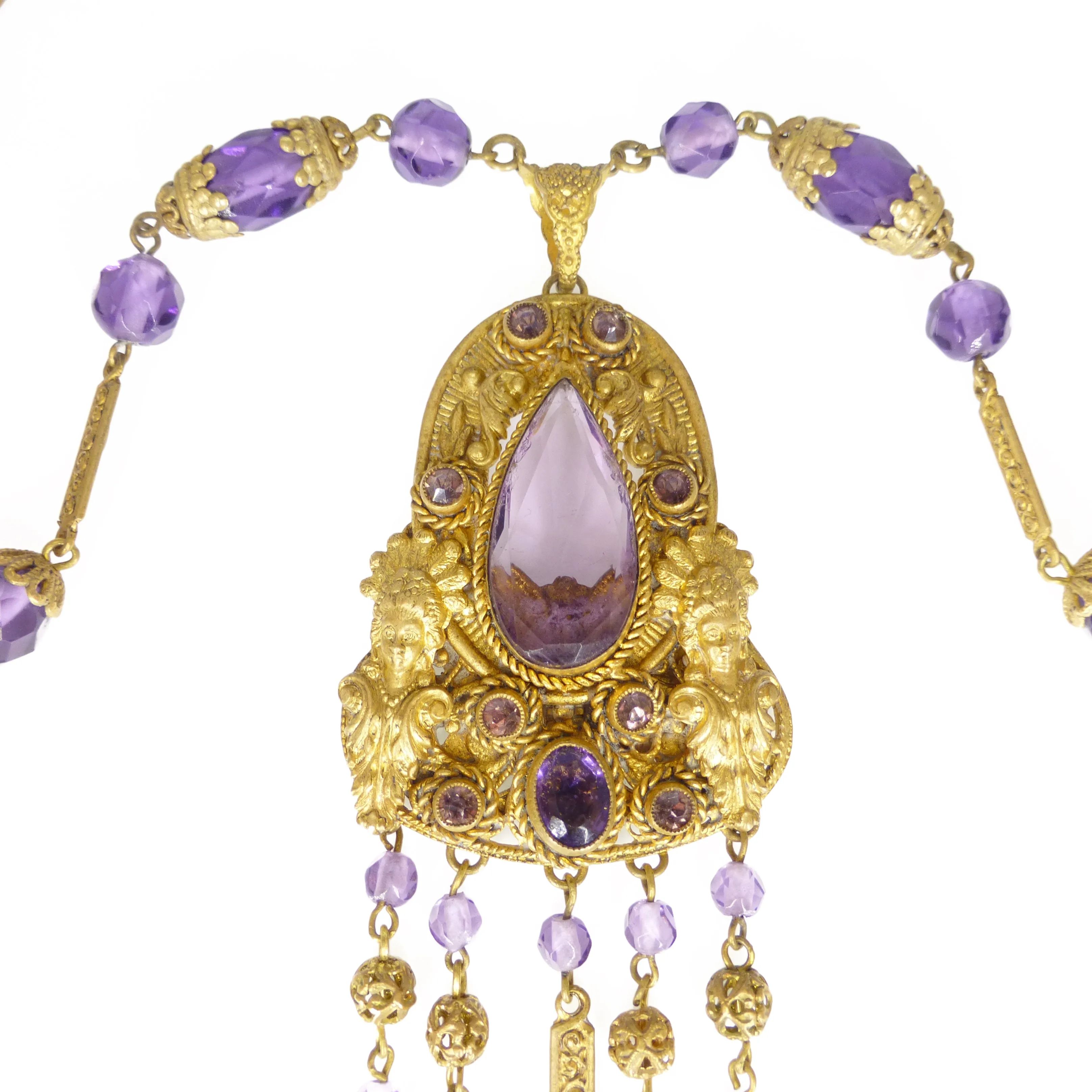 Antique Czechoslovakian Figural Lady Purple Glass Bead Necklace