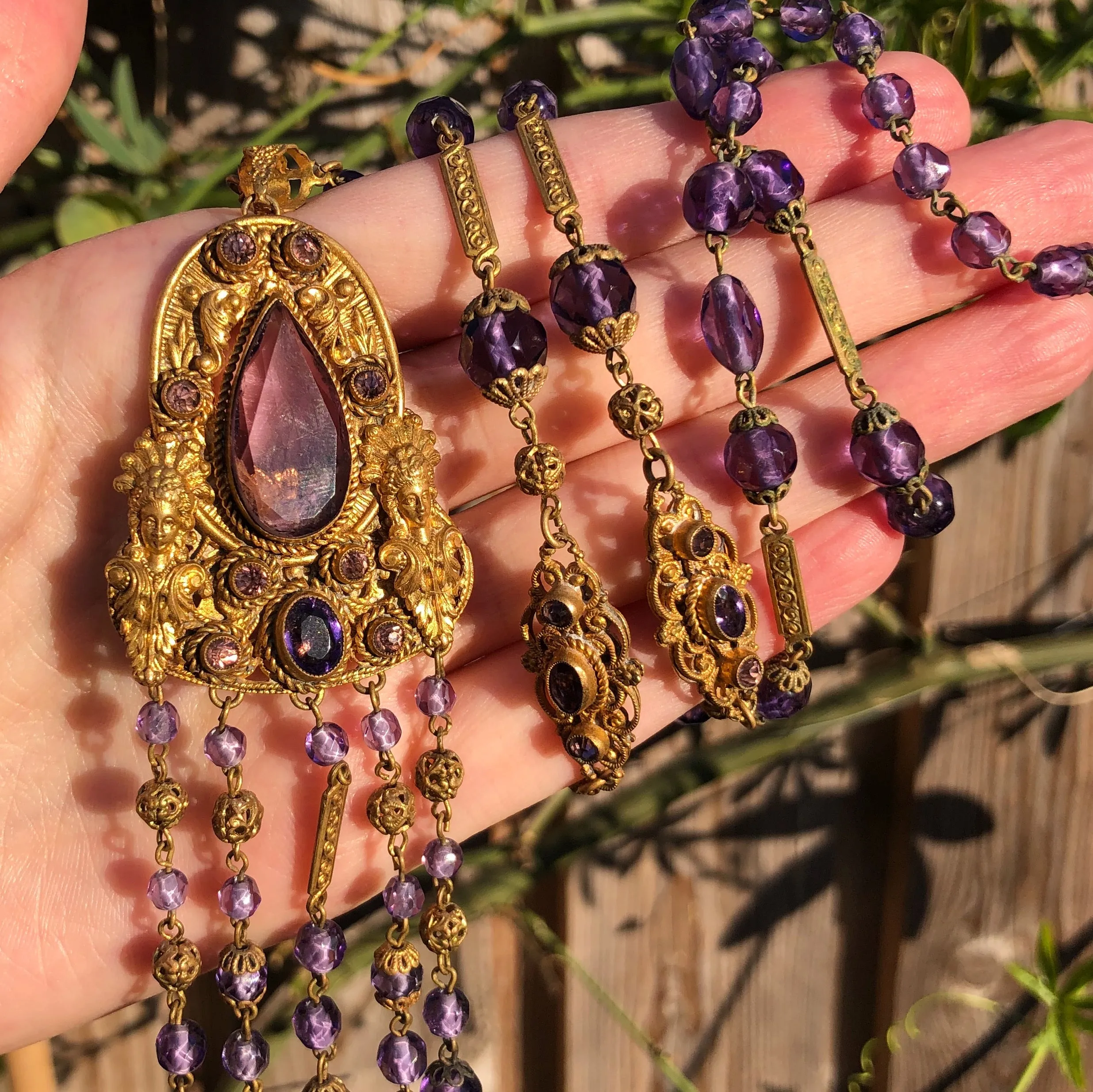 Antique Czechoslovakian Figural Lady Purple Glass Bead Necklace