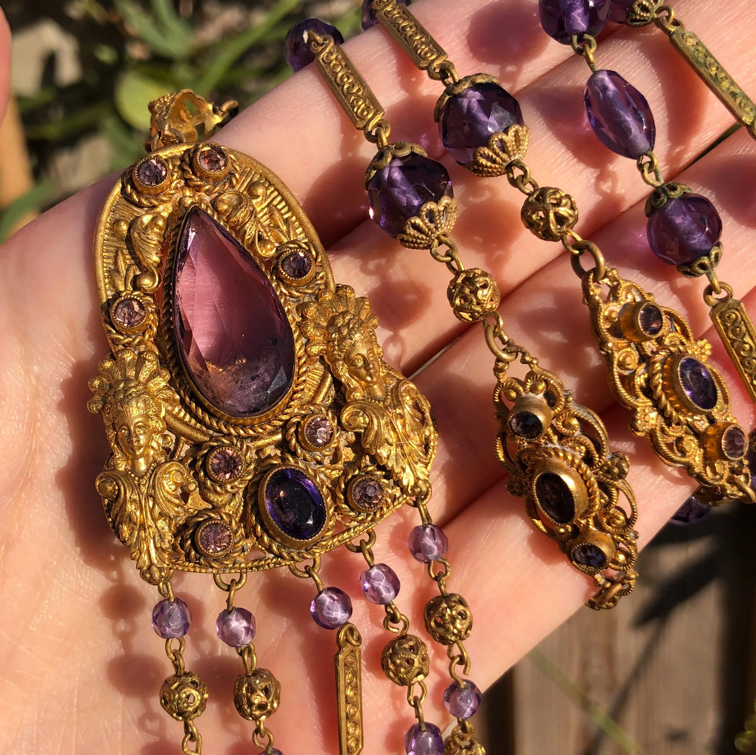 Antique Czechoslovakian Figural Lady Purple Glass Bead Necklace