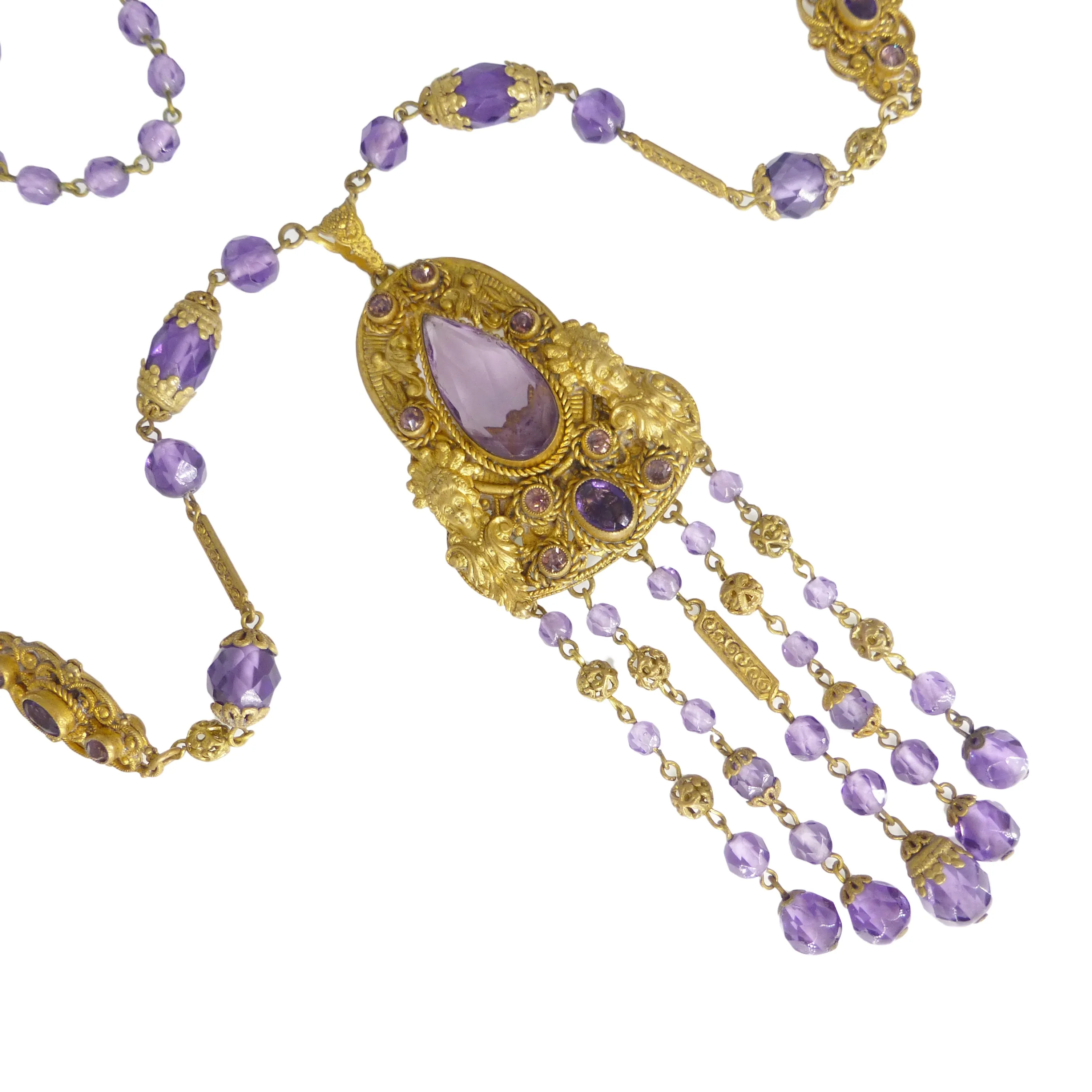 Antique Czechoslovakian Figural Lady Purple Glass Bead Necklace