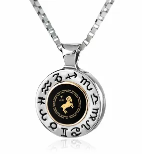 Aries Sign, 925 Sterling Silver with 14K Gold Necklace, Onyx