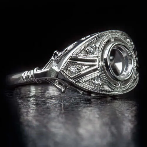 ART DECO DIAMOND SEMI-MOUNT 5mm ROUND BEZEL COCKTAIL SETTING RING VINTAGE STYLE
