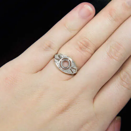 ART DECO DIAMOND SEMI-MOUNT 5mm ROUND BEZEL COCKTAIL SETTING RING VINTAGE STYLE