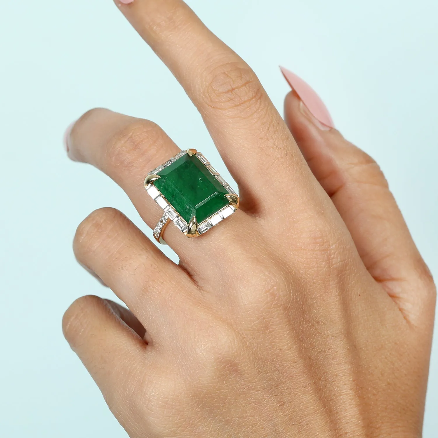 Baguette Diamond Emerald Cut Emerald Channel Setting 18k Yellow Gold Wedding Ring Jewelry
