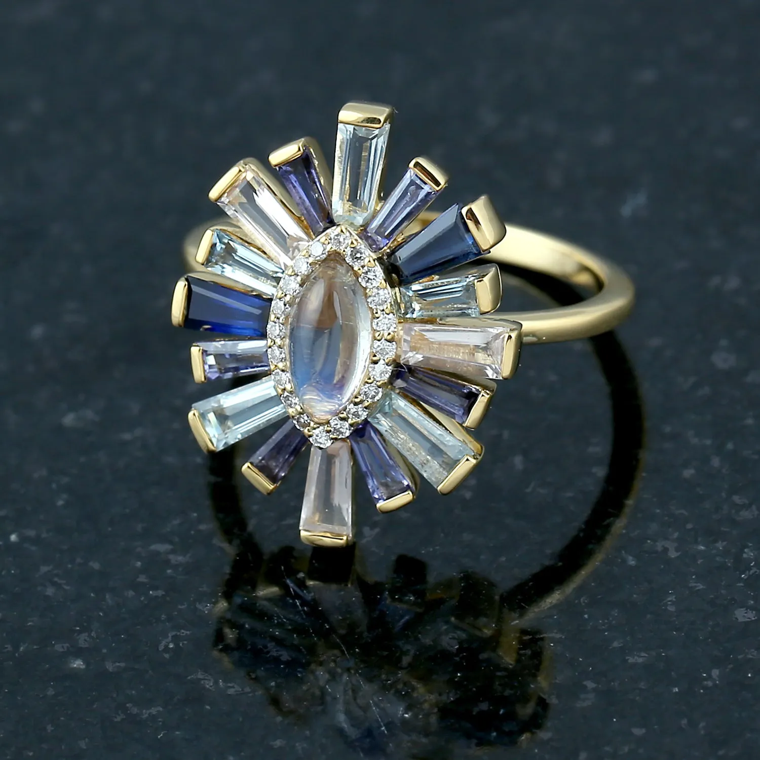 Baguette Topaz,Moonstone,Quartz,Lolite Multiple Gemstone Cocktail Ring 18k Yellow Gold Diamond Jewelry