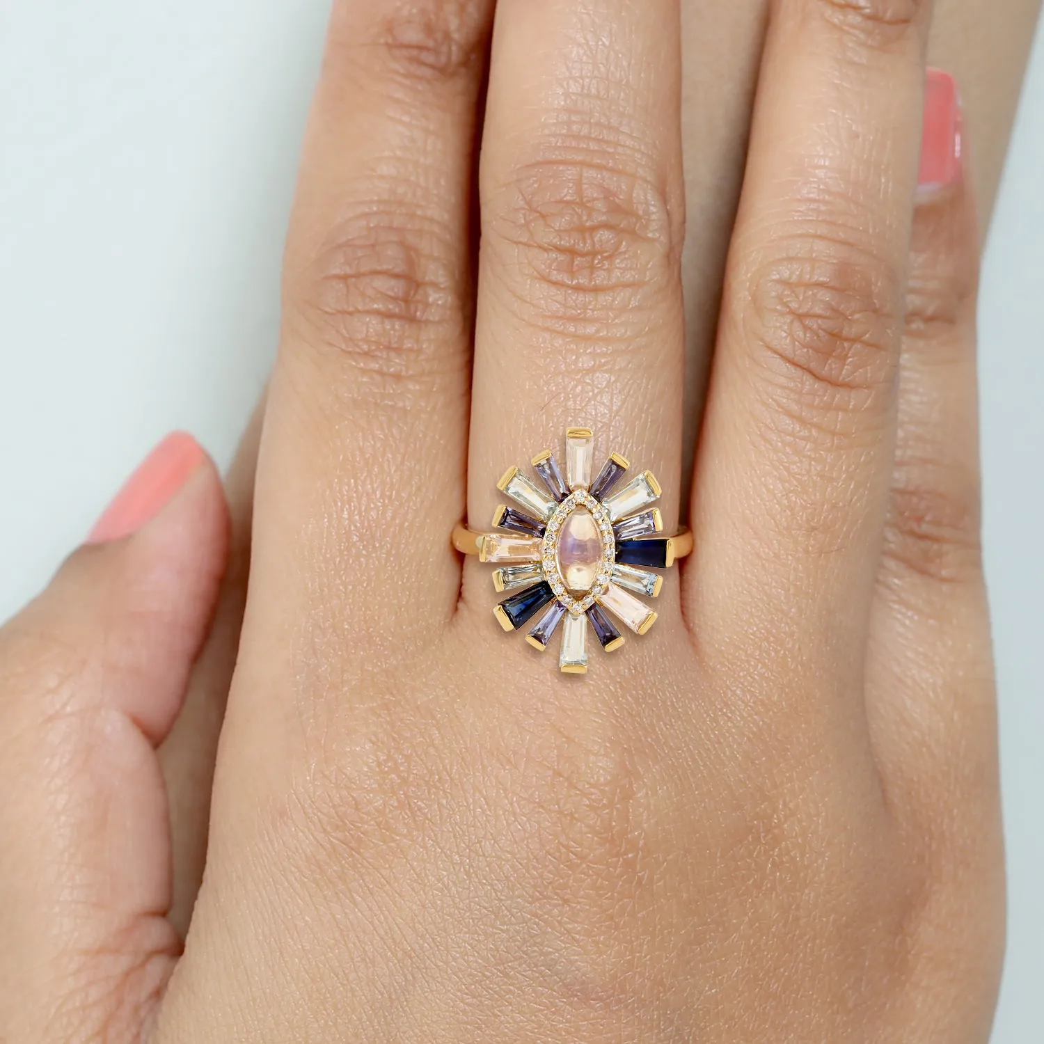 Baguette Topaz,Moonstone,Quartz,Lolite Multiple Gemstone Cocktail Ring 18k Yellow Gold Diamond Jewelry