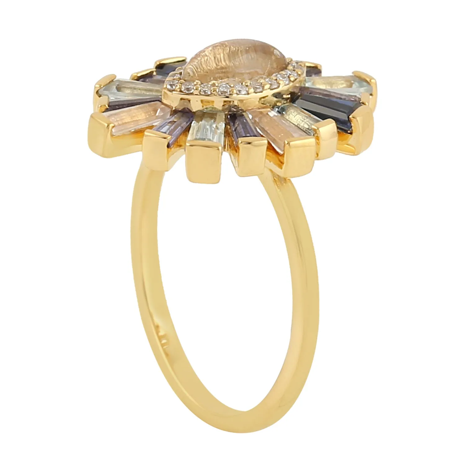 Baguette Topaz,Moonstone,Quartz,Lolite Multiple Gemstone Cocktail Ring 18k Yellow Gold Diamond Jewelry
