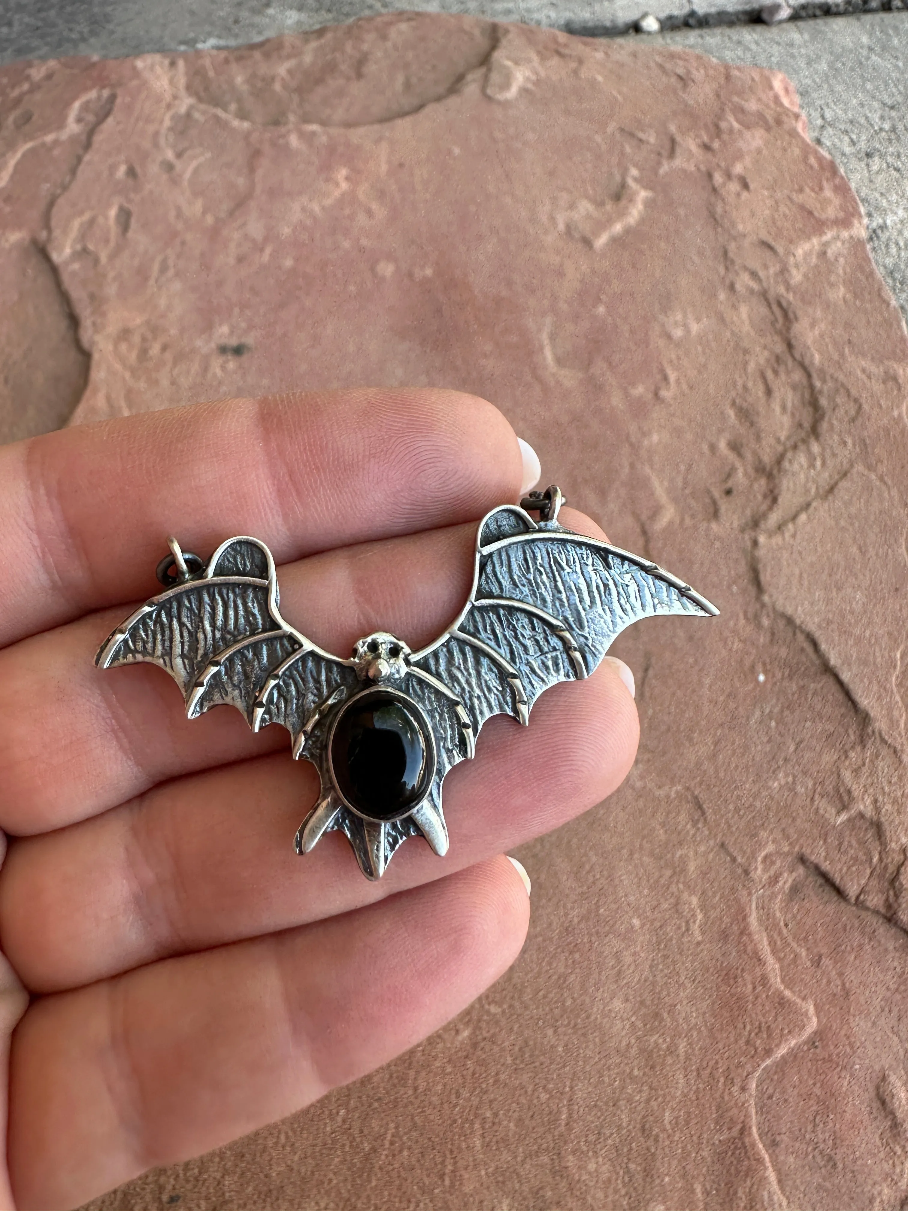 Beautiful Handmade Sterling Silver & Onyx Bat Single Stone Necklace
