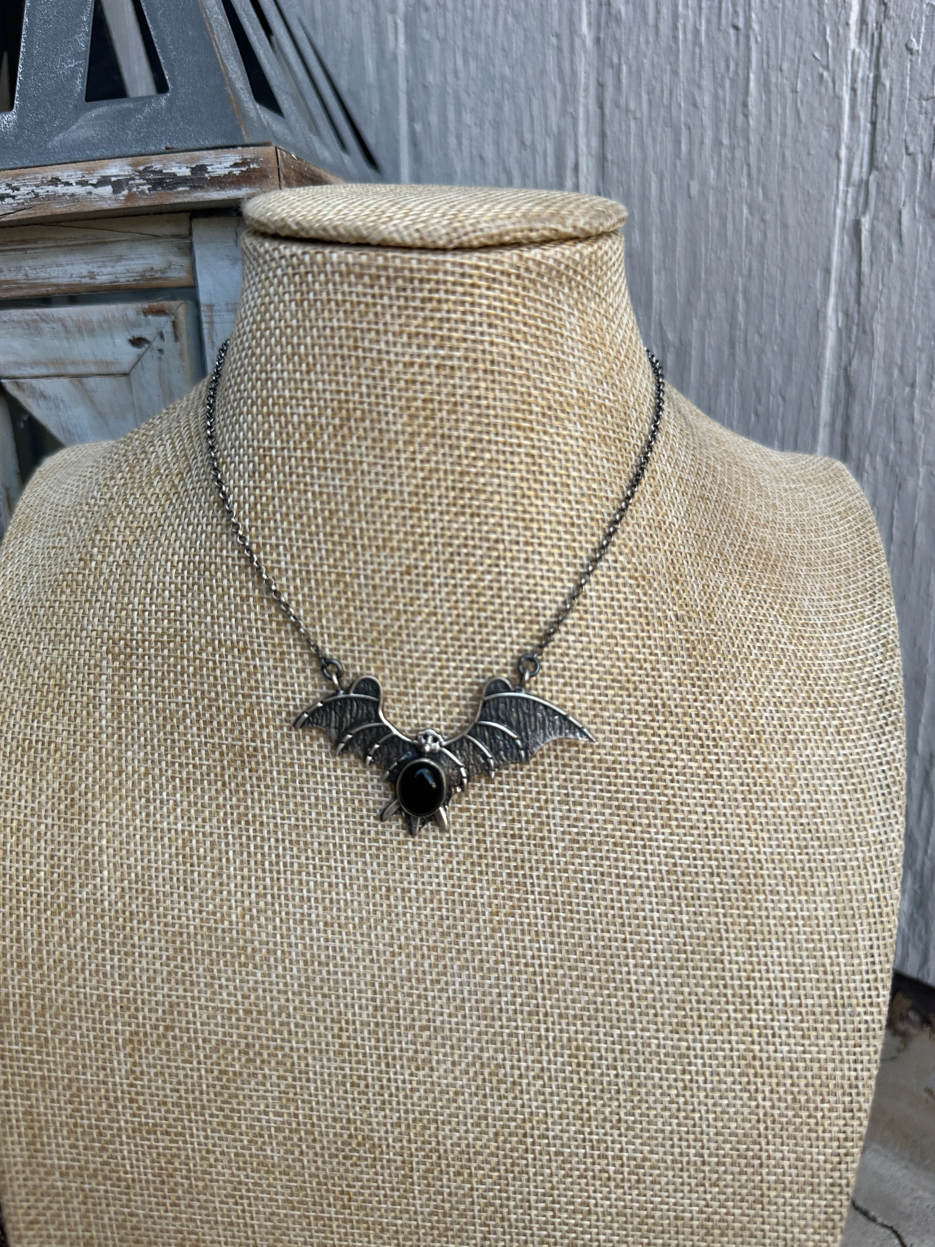 Beautiful Handmade Sterling Silver & Onyx Bat Single Stone Necklace