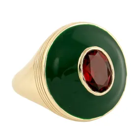 Beautiful Red Garnet Cocktail Enamel Ring Set In 14k Yellow Gold