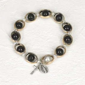 Black and Gold Tone Oval Rosary Stretch Bracelet