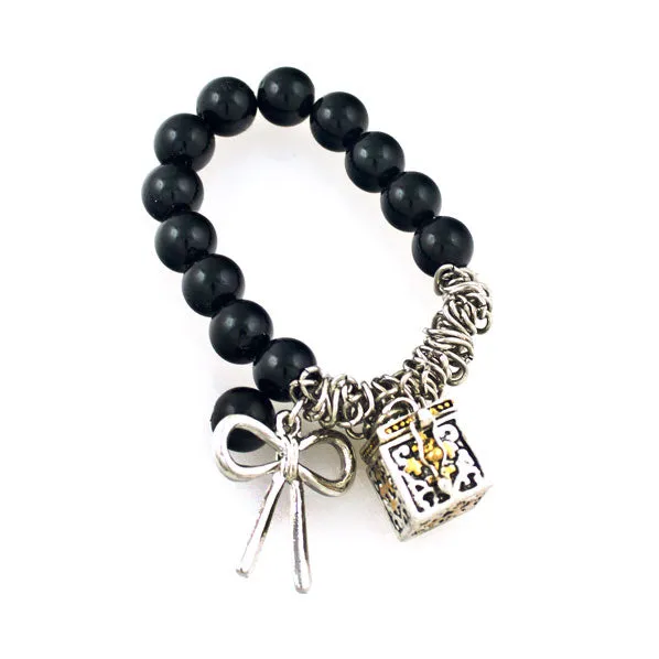 Black Faux Pearl Bracelet with Prayer Box Charm