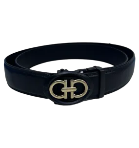 Black Genuine Leather Fancy Design Belt for Men's Gold Buckle