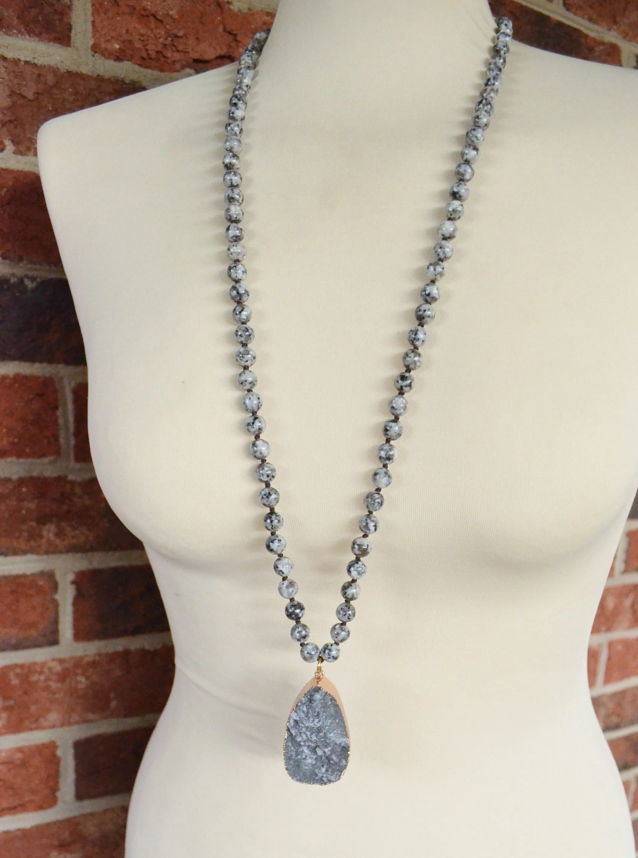 Black Gray Jasper Long Stone Beaded Boho Agate Pendant Necklace - Seraphina