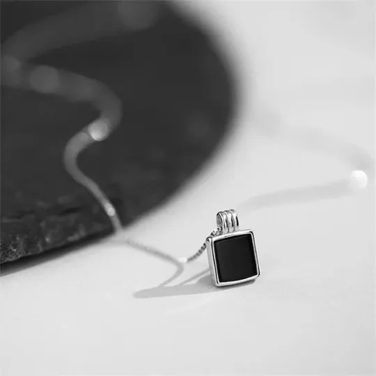 Black Onyx Square Cut Simple Bezel Set Necklace - 925 Solid Sterling Silver Pendants