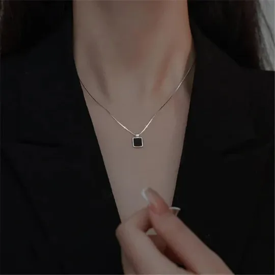 Black Onyx Square Cut Simple Bezel Set Necklace - 925 Solid Sterling Silver Pendants