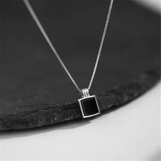 Black Onyx Square Cut Simple Bezel Set Necklace - 925 Solid Sterling Silver Pendants